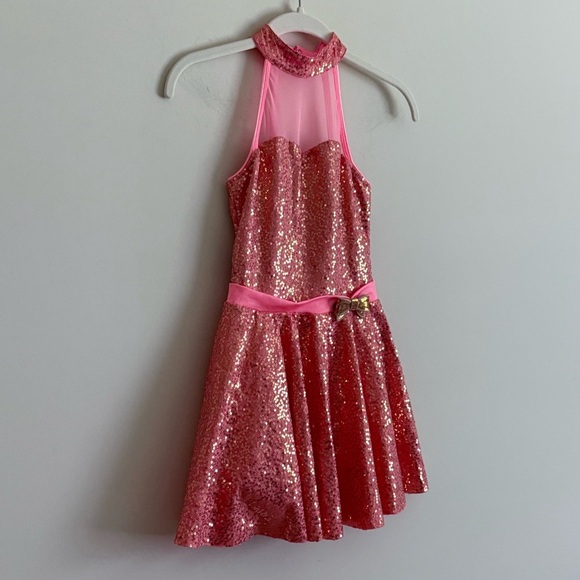 Revolution Dancewear Coral Sequin Halter Dress Costume w/ Shorts Size MC - Picture 2 of 7